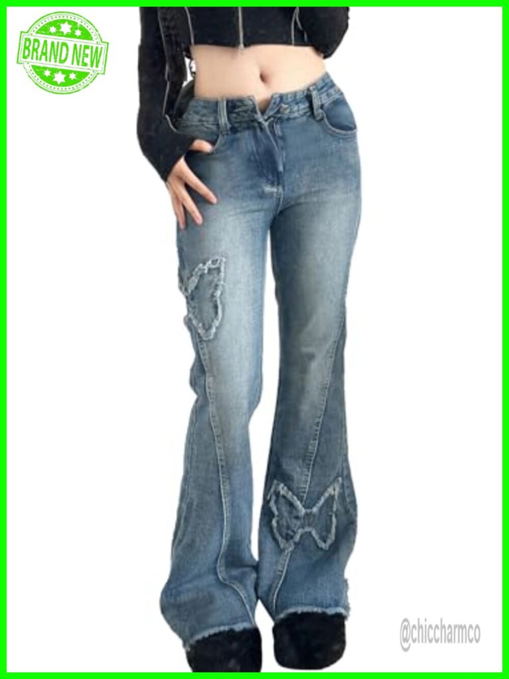 Womens Flare Jeans Butterfly Low Rise Denim Relaxed Fit Bell Bottom